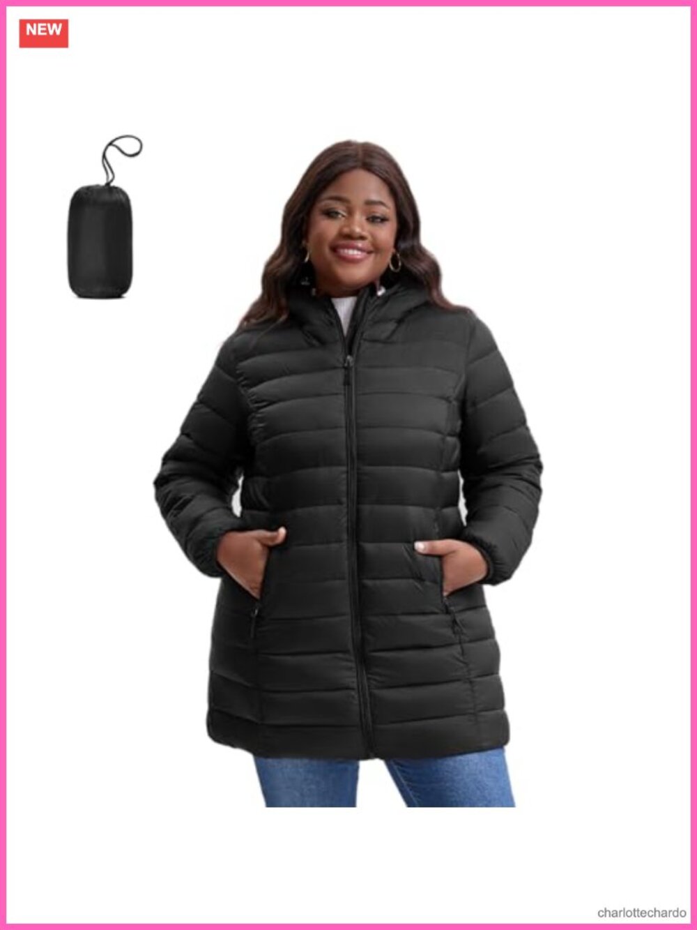 Plus Size Puffer Jacket Water-Resistant Mid-Length Winter Coat Packable
